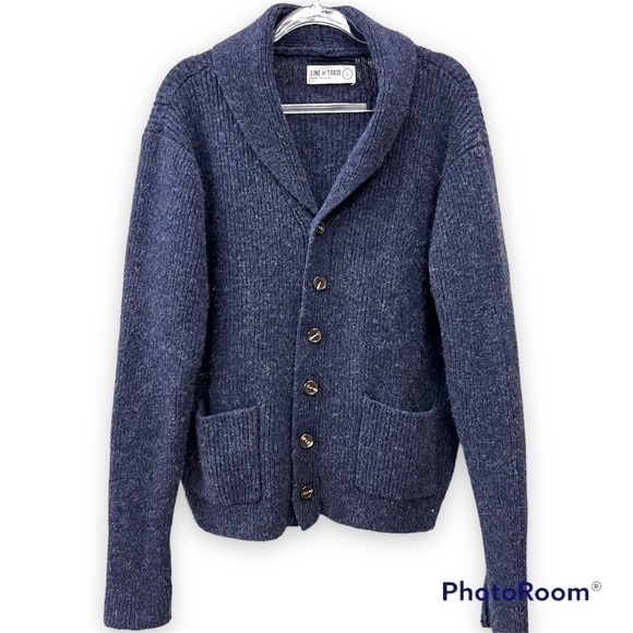 Line of Trade 100% Shetland Wool Chunky Cardigan sweater, navy blue, size L - Picture 1 of 10